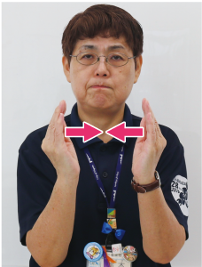 手話通訳者の鈴木さんが胸の前で両手のひらに膨らみを付けている写真