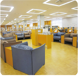 本棚と１人掛けソファーが並ぶ白根図書館内の写真