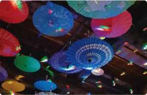 笹川邸の大広間天井に飾られた和傘の写真