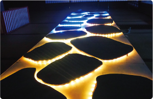 新潟大学学生が制作、飛び石に乗ると色が変わる仕掛けがしてあるオブジェの写真