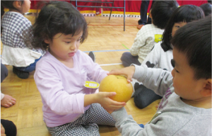 保育園児2人が一緒に大きい和梨を持ち、観察をしている写真