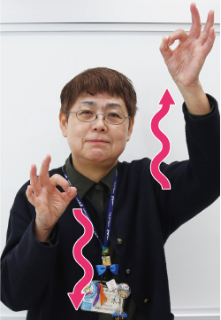 手話通訳者鈴木さんが人さし指と親指の先を付けて丸を作り、ひらひらと揺らしながら上下させている写真