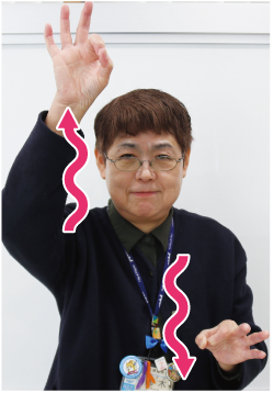 手話通訳者鈴木さんが人さし指と親指の先を付けて丸を作り、ひらひらと揺らしながら上下させている写真