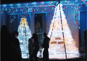 電飾で飾ったペットボトルツリーが設置された夜の大通ふれあい公園の写真