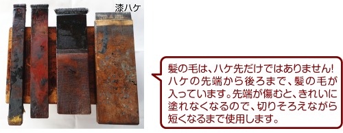 大小さまざまなハケ幅の「漆ハケ」の写真