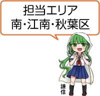 凧っこ１３人衆の謙信が両手胸の前でグーにして「担当エリア 南・江南・秋葉区」と言っているイラスト