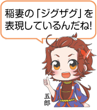 凧っこ１３人衆の五郎が親指を親指を立て、グッドポーズをしながら「稲妻「ジグザグ」を表現しているんだね」と言っているイラスト