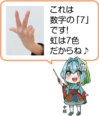 凧っこ１３人衆の中蝶が差し棒を持ちながら「これは数字の「７」です！」と言っているイラスト