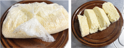 茶色い皿に鍋から出したポリ袋を乗せた写真と茶色い皿にポリ袋から取り出した蒸しパンを切り分け、乗せた写真