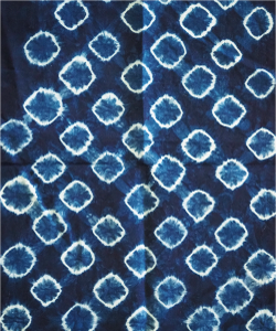 鹿の子絞りの写真 布を細かくつまみ、糸を巻くことで模様を作る絞りです。規則的に四角い模様が並んでいます。