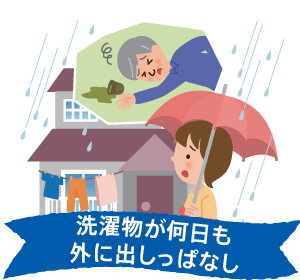 洗濯物が干しっぱなしで、家の中でおじいさんが倒れているイラスト