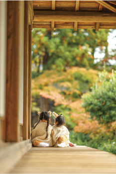 笹川邸の紅葉美しい庭に面した縁側、その端にキツネの耳と尻尾を付けた幼い姉妹が座っている写真