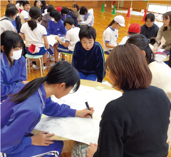 臼井小学校の児童と地域住民が話し合っている写真