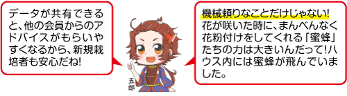 凧っこ13人衆の五郎が「データが共有できると、他の会員からのアドバイスがもらいやすくなるから、新規栽培者も安心だね」「機械だよりなことだけじゃない！花が咲いたときにまんべんなく花粉付けをしてくれる「蜜蜂」たちの力は大きいんだって！ハウス内にはたくさんの蜜蜂が飛んでいました」と話すイラスト