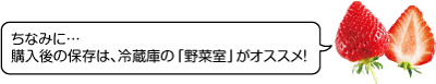 イチゴが「ちなみに…購入後の保存は、冷蔵庫の「野菜室」がオススメ！」と話しています