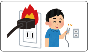 コンセントにつないでいるプラグから出火しているイラストとコンセントの横でプラグを持つ人のイラスト