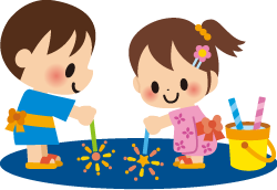 浴衣を着た男の子と女の子が手持ち花火をしているイラスト