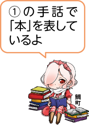 本に囲まれている凧っこ13人衆の鯛町が「①の手話で「本」を表しているよ」と話すイラスト