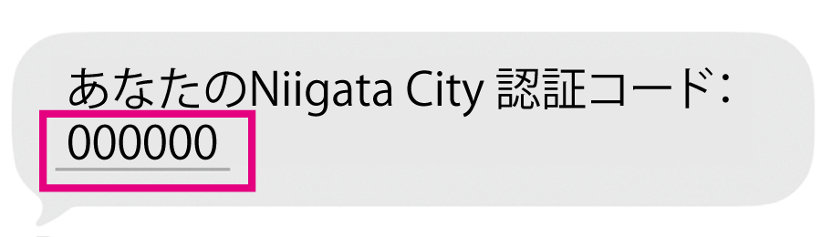 SMSであなたのNiigata City認証コード000000と書かれた画面の写真