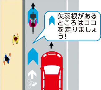 矢羽根型表示が描かれた2車線道路の車道左側を自転車が通行している様子(歩道は通行していない）