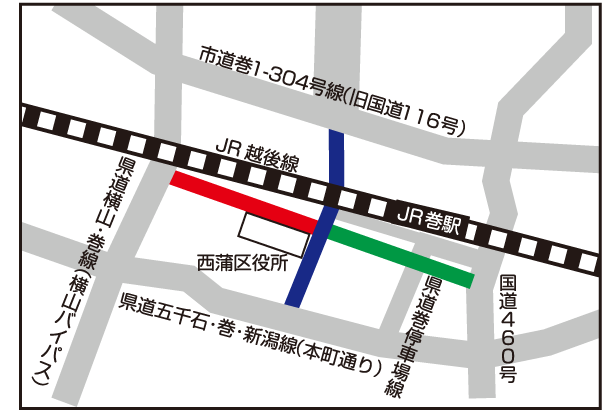 区役所周辺道路の整備順に道路へ色をつけた図