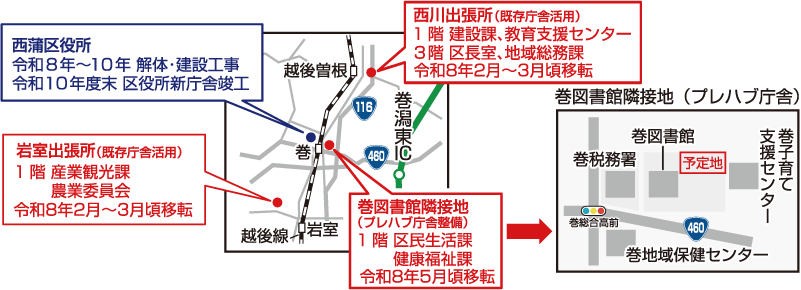 各課の移転先を示した図