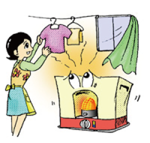 ストーブの上に洗濯物を干しているイラスト