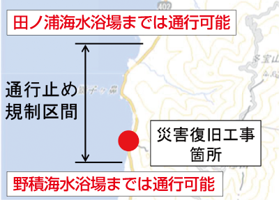 国道402号(西蒲区間瀬から寺泊野積)全面通行止めの地図