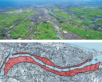 大河津分水通水後に埋め立てられた信濃川河口付近の土地（赤色部分）