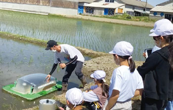 小学生が自動抑草ロボットを見学する様子