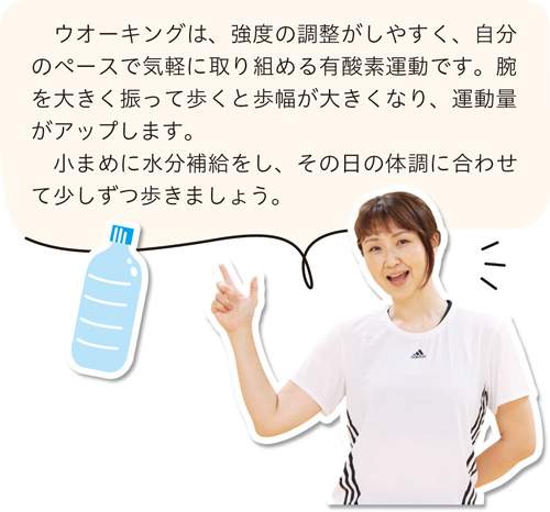 ウオーキングは、強度の調整がしやすく、自分のペースで気軽に取り組める有酸素運動です。腕を大きく振って歩くと歩幅が大きくなり、運動量がアップします。小まめに水分補給をし、その日の体調に合わせて少しずつ歩きましょう。