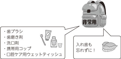 ・歯ブラシ・歯磨き剤・洗口剤・携帯用コップ・口腔ケア用ウェットティッシュ　入れ歯も忘れずに！