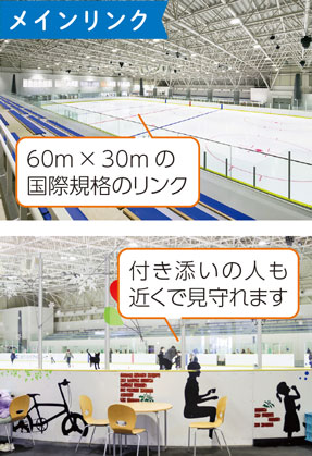 メインリンク　60メートル×30メートルの国際規格のリンク　付き添いの人も近くで見守れます