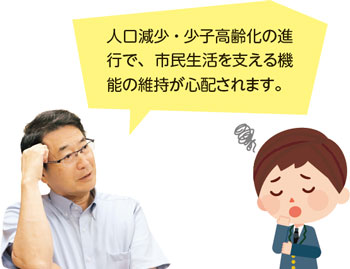 人口減少・少子高齢化の進行で、市民生活を支える機能の維持が心配されます。