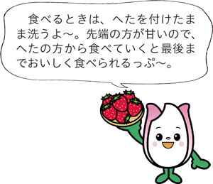 食べるときは、へたを付けたまま洗うよ～。先端の方が甘いので、へたの方から食べていくと最後までおいしく食べられるっぷ～。