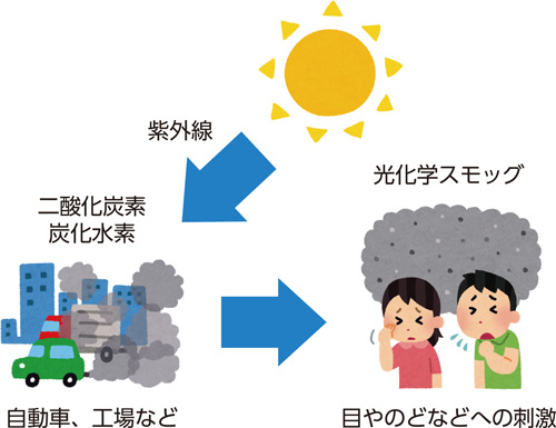 紫外線 二酸化炭素炭化水素 自動車、工場など 光化学スモッグ 目やのどなどへの刺激
