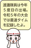 渡邊隊員は今年5度目の出場。令和5年の大会では最速タイムを記録したよ。