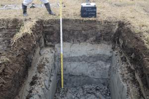 深さ2mほどの試掘坑の写真。土がどのように堆積したかを確認することができる。