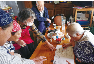 高齢者が庄瀬地区の地図をのぞき込み、昔の話をしている写真