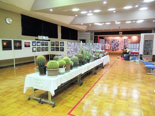 講堂の様子　広い講堂に盆栽や写真などたくさんの作品が展示されている