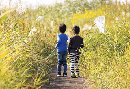 写真　小阿賀野川河川公園 酒屋広場で夢中になって虫を探す子どもたち。自然豊かな公園が市民のやすらぎの場となっています。
